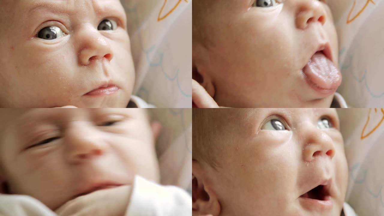 满足的新生婴儿用蓝色的大眼睛看着镜头，脸部特写