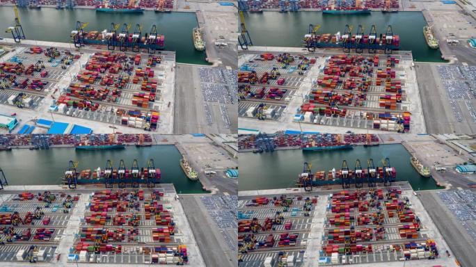 空中超速延时。桥墩集装箱船在外海开展进出口业务。物流和运输