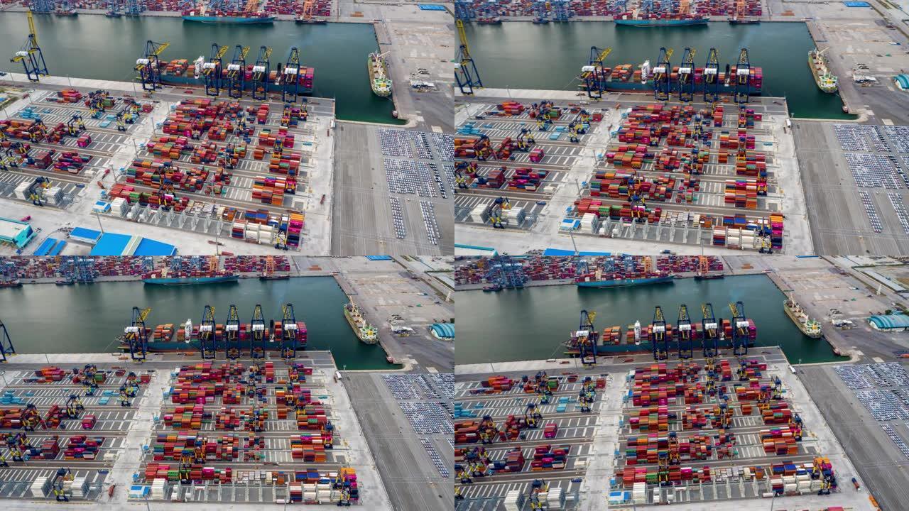 空中超速延时。桥墩集装箱船在外海开展进出口业务。物流和运输