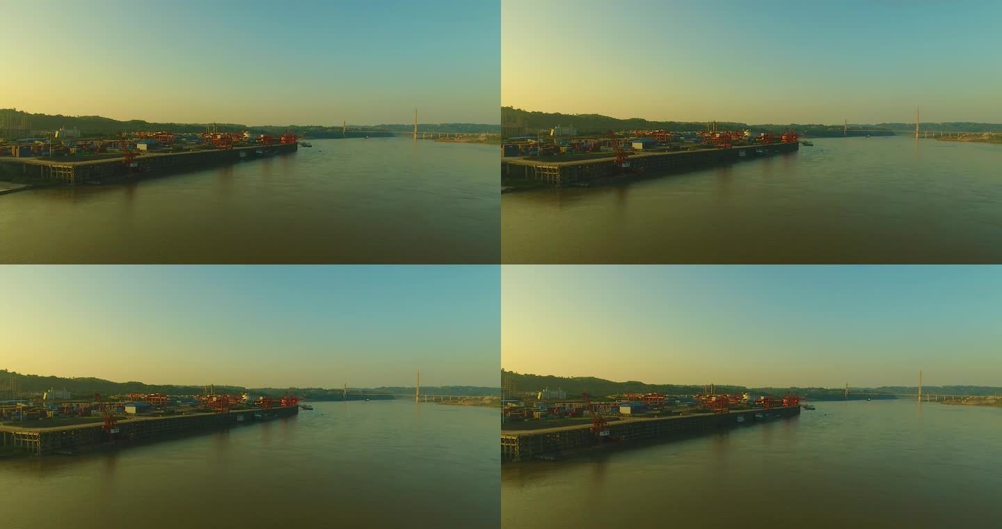 航拍夕阳下的泸州港港口