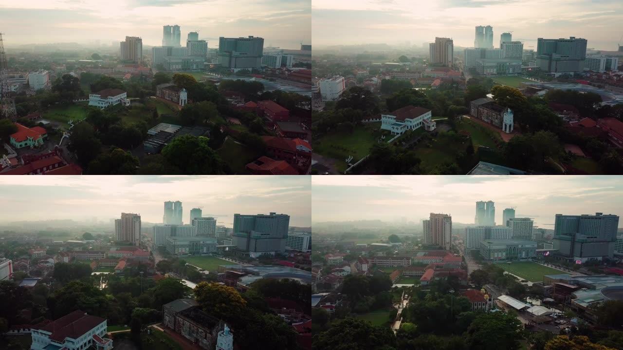 马六甲市、圣保尔教堂和河流的鸟瞰图