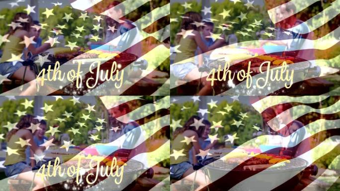 一家人享受野餐和美国国旗与7月4日的文本