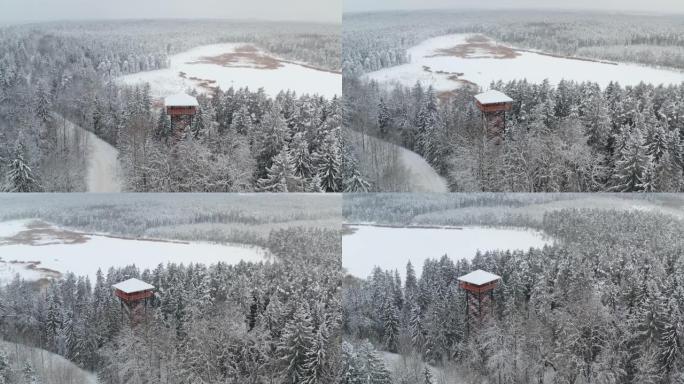 冬季森林中的了望塔