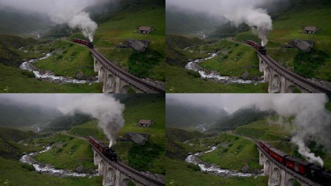 瑞士阿尔卑斯山的老式蒸汽火车