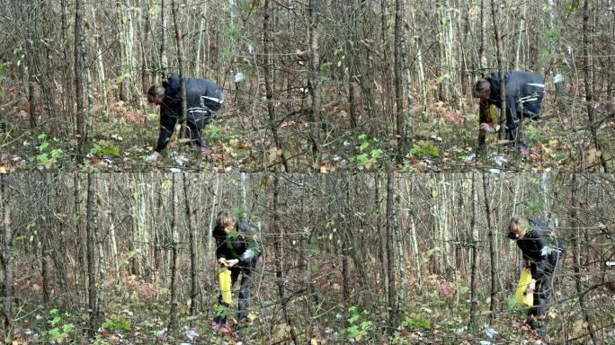 在森林里寻找蘑菇的女人。