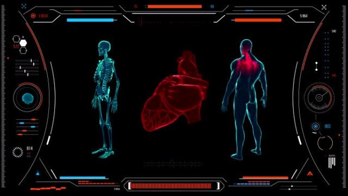 人体心脏扫描。具有HUD和信息图表元素的未来医学用户界面。虚拟技术背景。用于商业，游戏，运动设计，w