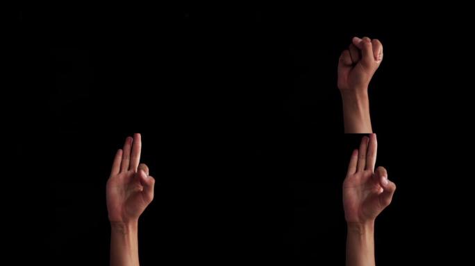 近距离拍摄的白种人的手孤立在黑色上，并显示了ASL (美国手语) 的字母符号。