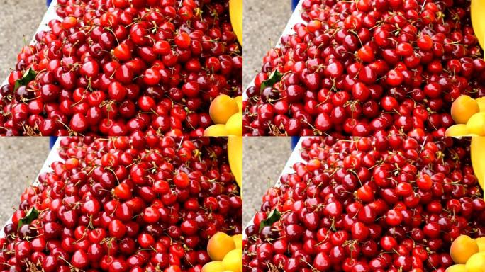 甜樱桃和杏。食品市场上成熟的红樱桃，杏子的特写镜头。4K