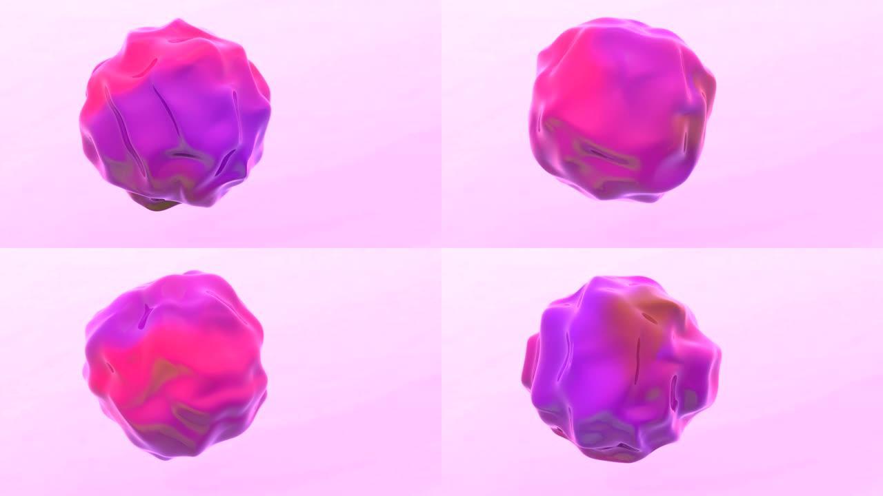 鲜艳的粉红色浮动元球3d镜头。变形流体渲染气泡逼真的动画。旋转的非晶的形状。病毒粒子，微生物抽象模型
