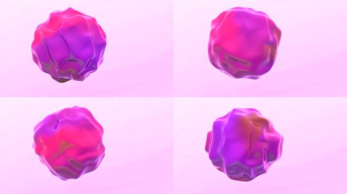 鲜艳的粉红色浮动元球3d镜头。变形流体渲染气泡逼真的动画。旋转的非晶的形状。病毒粒子，微生物抽象模型