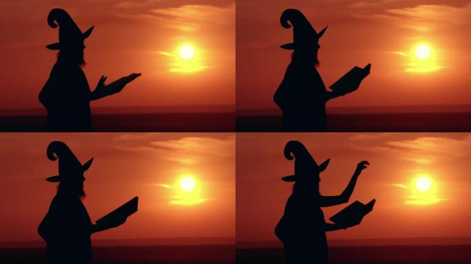 穿着化装和帽子的女孩女巫变戏法拥有大魔法书日出景观