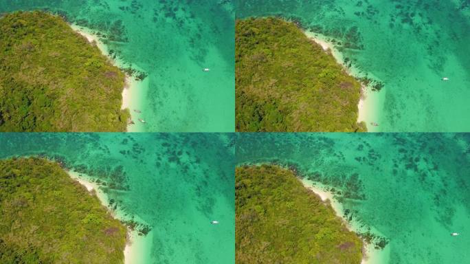 夏季，泰国普吉岛的安达曼海 (Andaman sea) 在日落时鸟瞰披披，玛雅海滩，蓝色碧绿海水，高