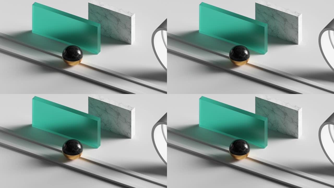 循环动画3d玻璃球在扭曲的道路上滚动。计算机生成的简单几何形状的无缝运动设计。重复运动。现场形象，现