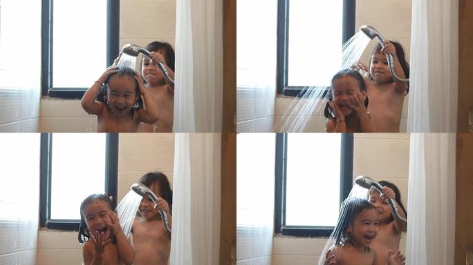 早上和妹妹一起洗澡，准备上学。