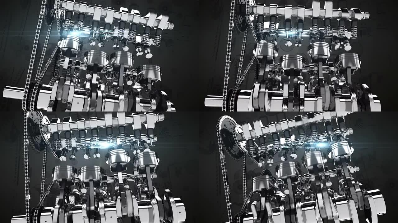 具有视觉效果的燃油喷射V8发动机的3D动画