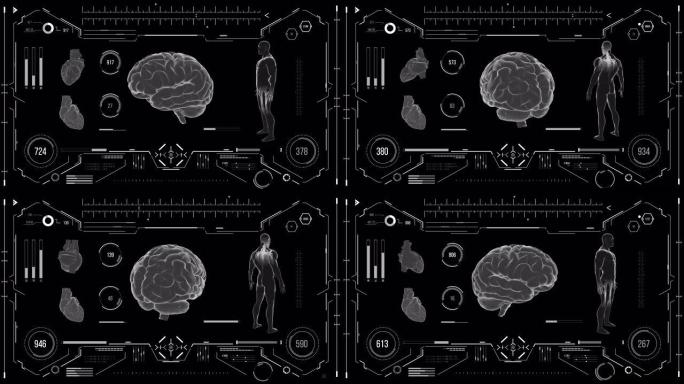 人脑扫描。具有HUD和信息图表元素的未来医学用户界面。虚拟技术背景。用于商业，游戏，运动设计，web