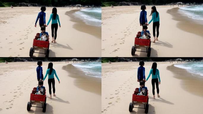 三个女孩与复古拉手推车与狗在海滩上