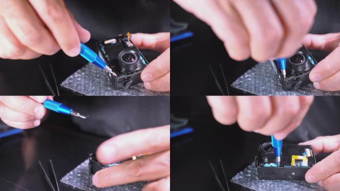 小型电子维修。为运动摄像机服务的人的手的特写视频。