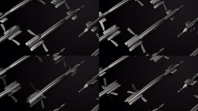 以网格图案排列的闪亮导弹物体的抽象3d渲染