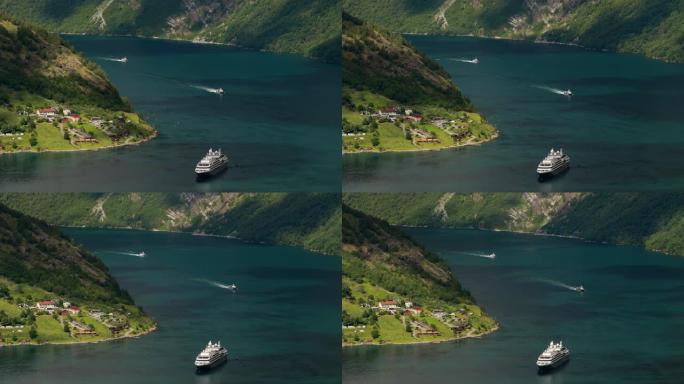 挪威Geirangerfjord。阳光明媚的夏日，旅游船渡船游轮班轮漂浮在Geirangerfjor