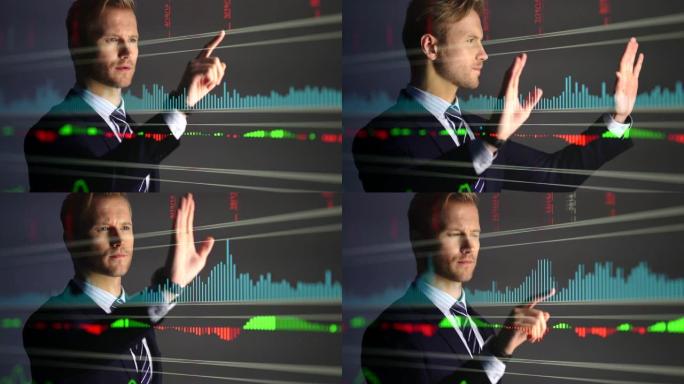 商人投资者分析股市数据用思维和手触摸股市屏幕双重曝光