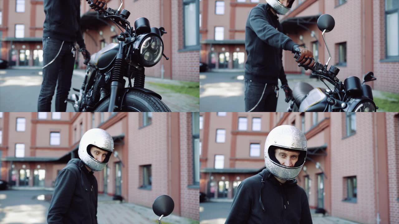 城市背景的城市中戴着摩托车头盔的年轻人。