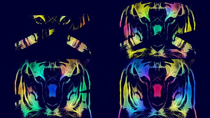 彩色分形或霓虹灯风格的老虎脸的插图、运动图形