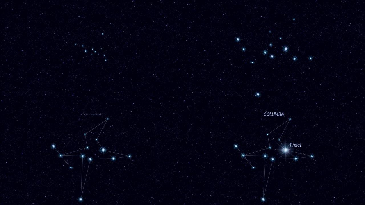 天鸽座，逐渐用恒星和轮廓缩放旋转图像