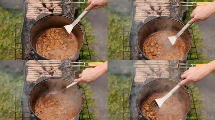 在大型铸铁锅中准备菜，用肉洋葱和其他成分制成红色