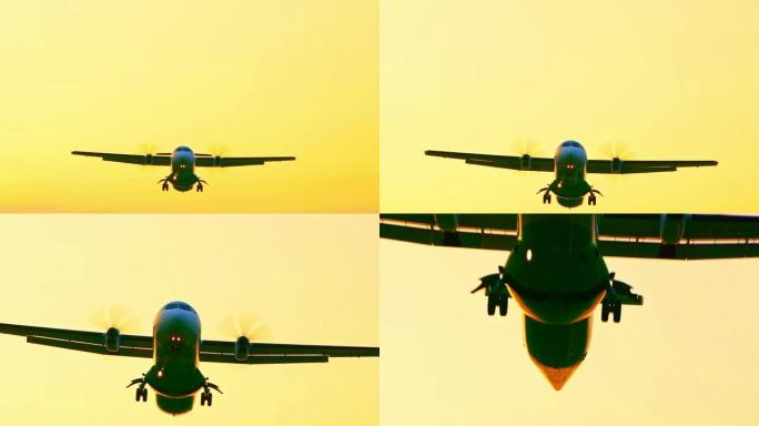 慢动作飞机在日落的天空中飞过头顶。商业乘客
