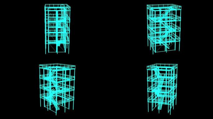 黑色背景上工业平台的3D渲染线框模型