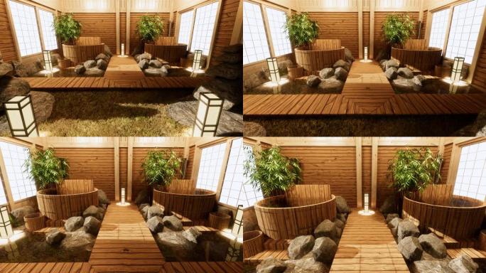 温泉室内部配有木制浴室和装饰木制日本风格。3d渲染