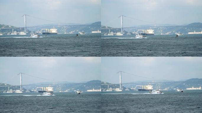 巨大的油轮正在伊斯坦布尔的博斯普鲁斯海峡桥下通过