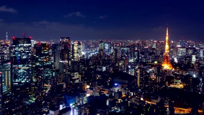 4k延时: 日本东京关东东京的东京铁塔和东京天际线的暮光之城。放大镜头