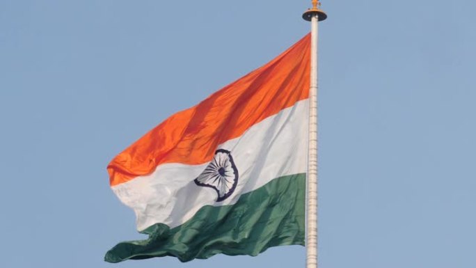 慢镜头剪辑，印度国旗在印度瓦格赫边境飘扬，180便士