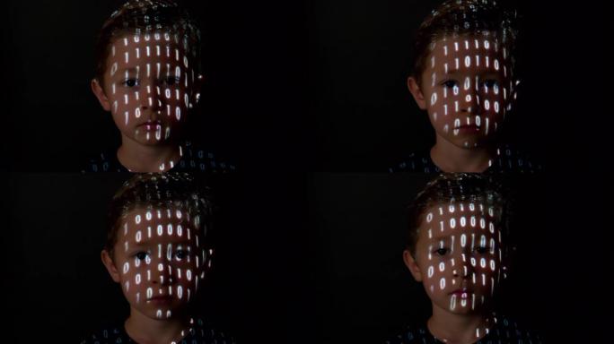 男孩脸上的二进制数据投影