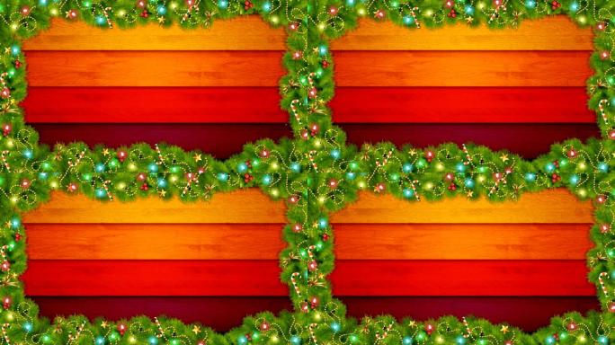 圣诞新年装饰木纹理上绿杉树枝的俯视图