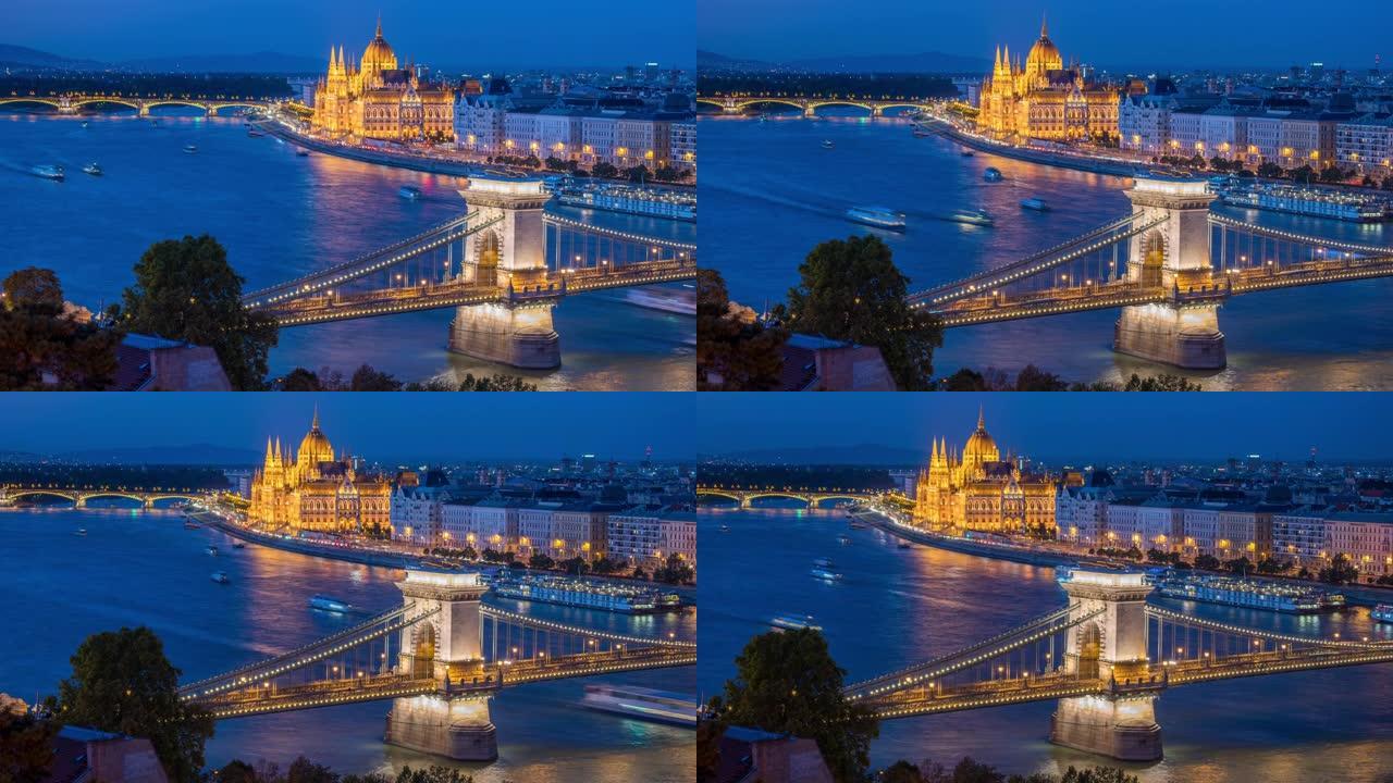 布达佩斯城市的天际线与匈牙利议会和链桥在多瑙河，日日夜夜的时间流逝，布达佩斯，匈牙利