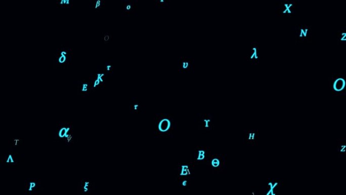 希腊字母字符符号在太空中的相机飞行-4k无缝循环运动背景动画
