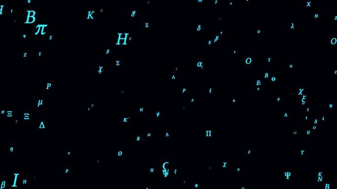 希腊字母字符符号在太空中的相机飞行-4k无缝循环运动背景动画