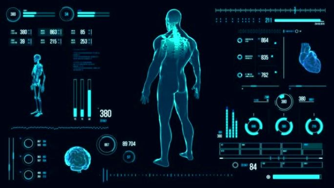 具有HUD和信息图表元素的未来医学用户界面。虚拟技术背景。用于商业，游戏，运动设计，web和应用程序