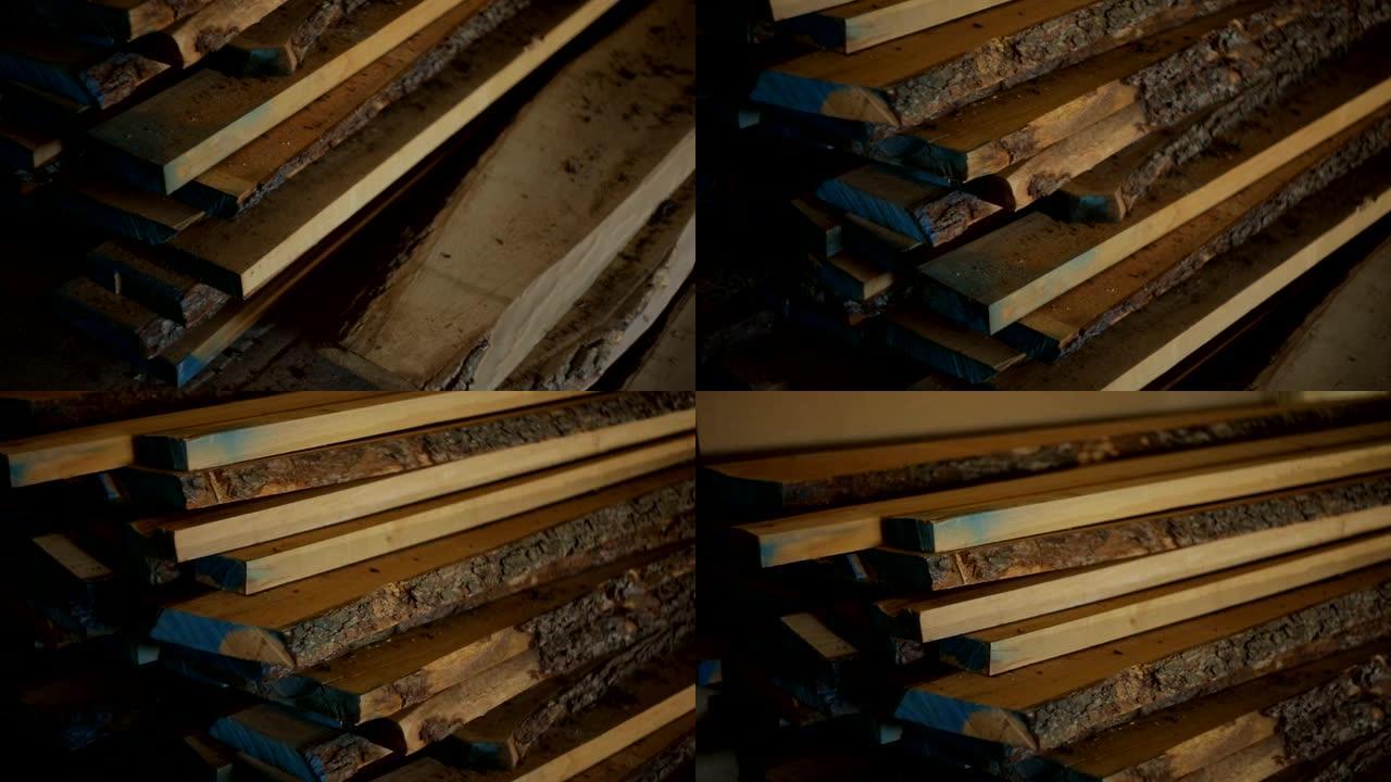 木板躺在地板上，木材或木材在家具车间