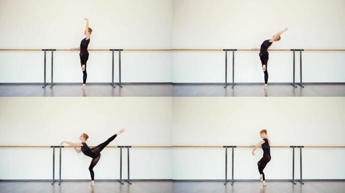 在芭蕾舞工作室的巴雷练习的黑色紧身衣中优雅的readhead年轻芭蕾舞演员的侧视图跟踪镜头