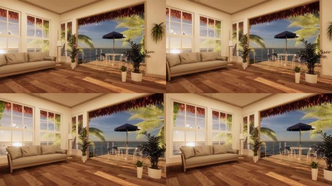 现代海滩避暑别墅中的海景客厅。3D渲染