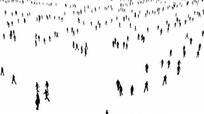 人黑色剪影行走3d动画。人群漫步在白色背景的抽象镜头上。市民向不同方向移动视频。社会隔离与冷漠观念