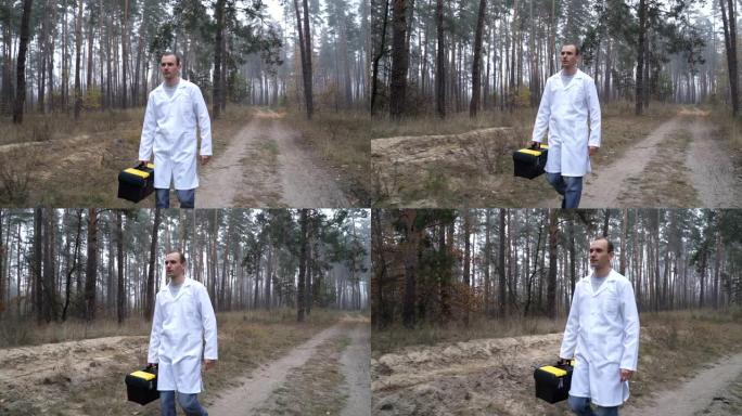 在森林里，一位生态学家带着一个盒子散步。环境污染研究