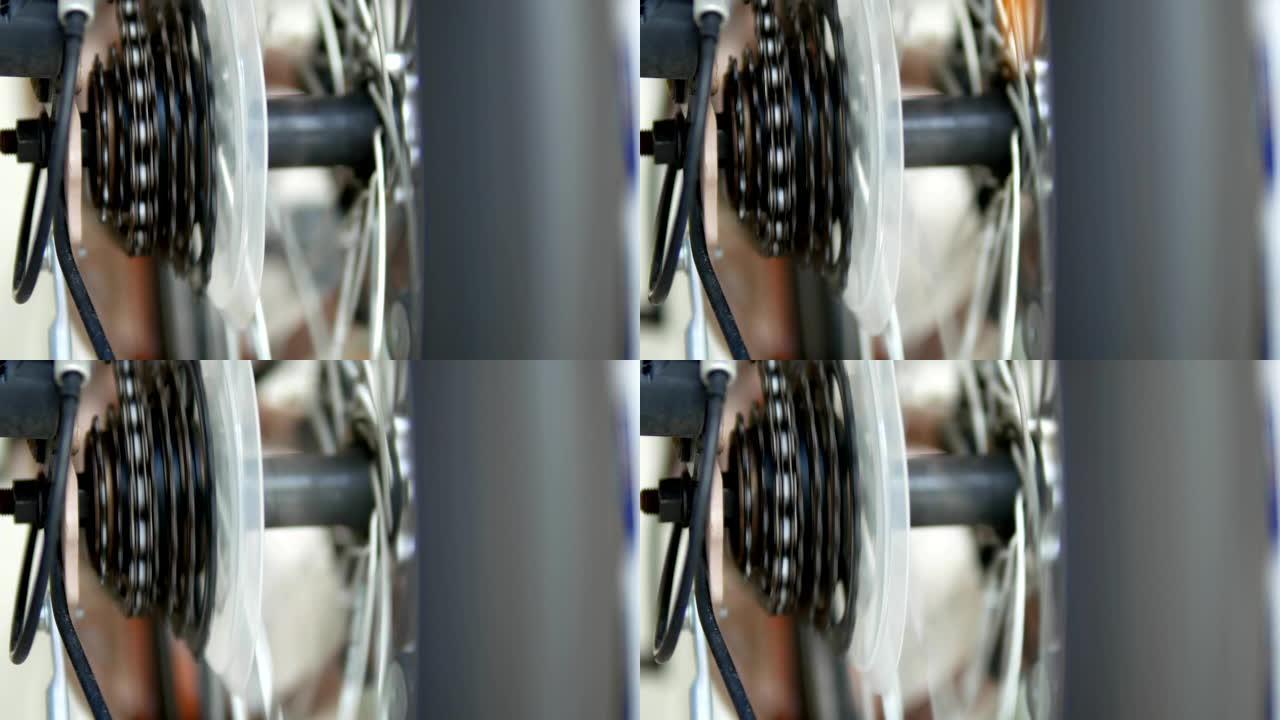 旋转自行车齿轮和链条的特写镜头