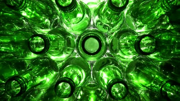 多莉变焦，空绿色啤酒瓶，顶视图，鱼眼镜头拍摄，4k超高清拍摄