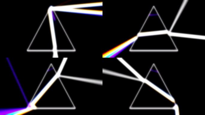 棱镜折射光线3d镜头。玻璃金字塔分开阳光光束成彩虹颜色动画。物理实验，科学现象。光学效果抽象视频
