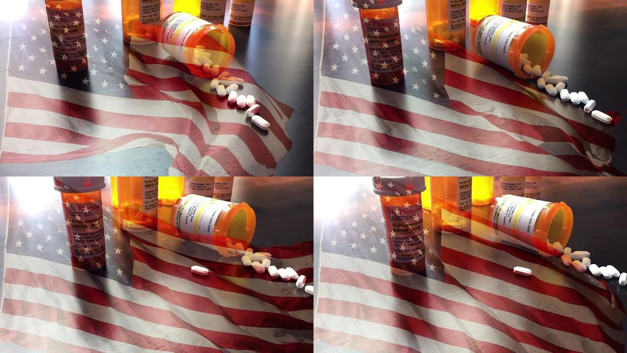 4k慢动作药瓶和药丸随着幽灵的美国国旗飘扬而落下。